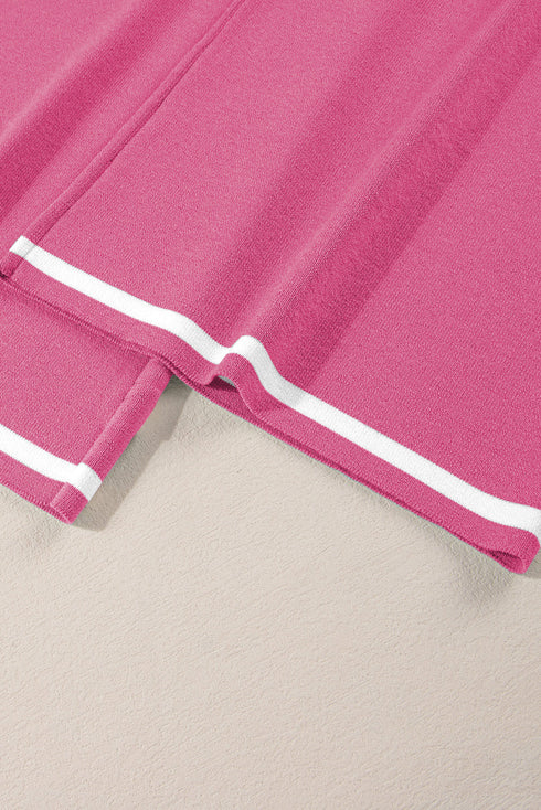 Contrast Trim Textured Knit Half Sleeve Drop Shoulder Drawstring Waist Wide Leg Two Piece Pant Set